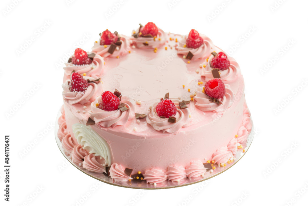 A pink cake with strawberries and chocolate frosting A pink cake with strawberries and chocolate frosting