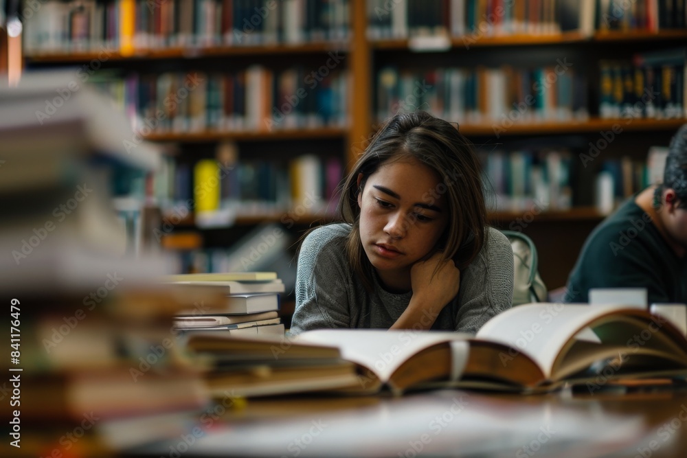 A student sitting in a library surrounded by books and papers A student sitting in a library surrounded by books and papers