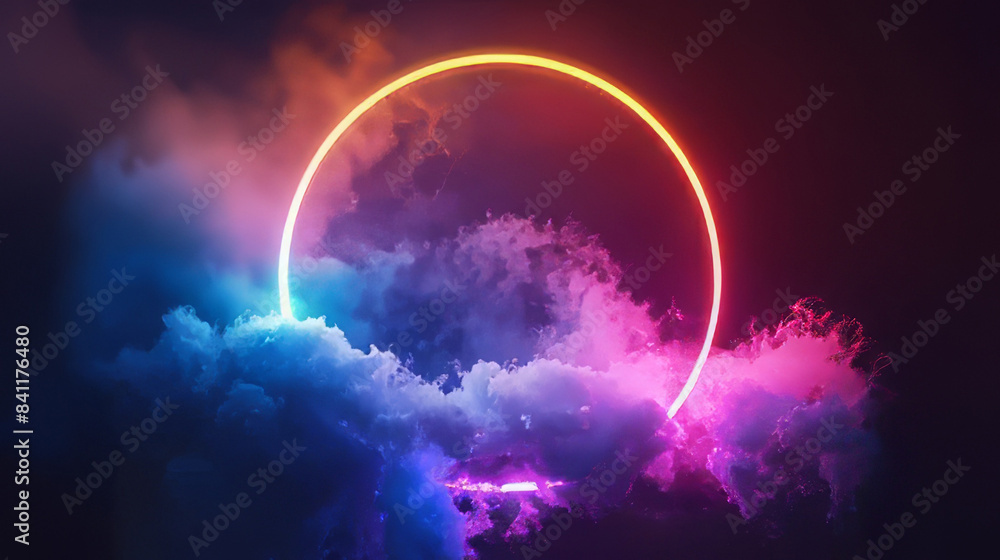 Neon light ring illuminating colorful clouds in a dark background Neon light ring illuminating colorful clouds in a dark background