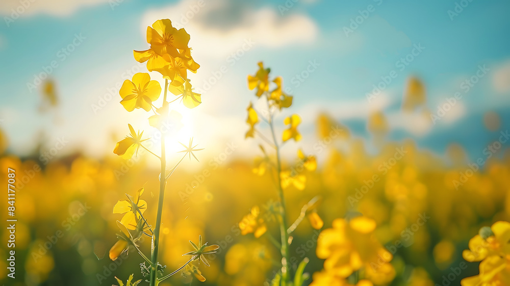 Beautiful panorama of a flowering rapeseed field Against the background of a blurred blue sky with clouds Beautiful panorama of a flowering rapeseed field Against the background of a blurred blue sky with clouds