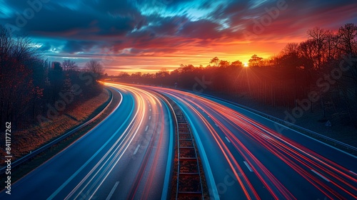 Long Exposure Time Lapse of Curved Highway with Bright Light Trails at Night Featuring Vibrant Colors and Traffic Speed © Mark