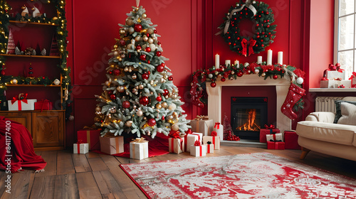 Beautiful red Christmas background with a decorated Christmas tree in the living room near the fireplace with lights and gifts