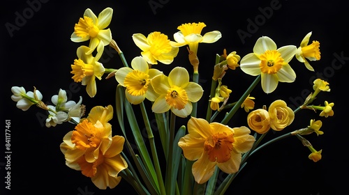 ellow narcissus and crown imperial flowers isolated on black