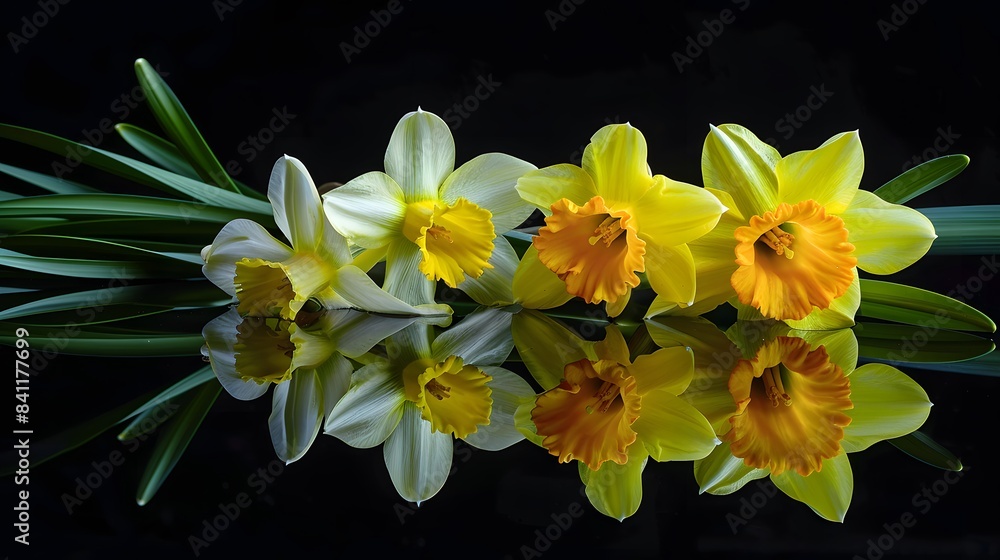 Obraz premium ellow narcissus and crown imperial flowers isolated on black