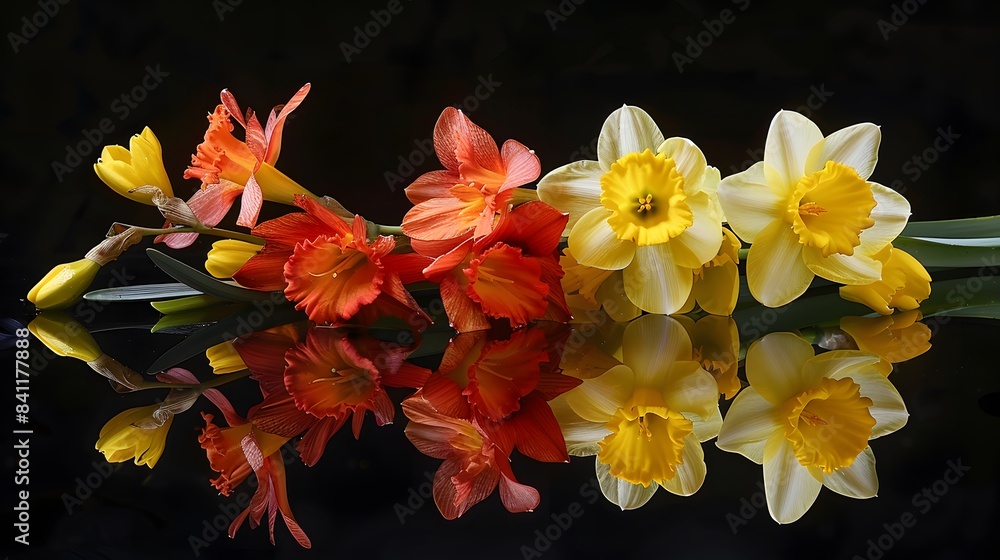 ellow narcissus and crown imperial flowers isolated on black ellow narcissus and crown imperial flowers isolated on black