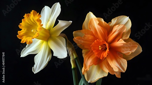 ellow narcissus and crown imperial flowers isolated on black photo