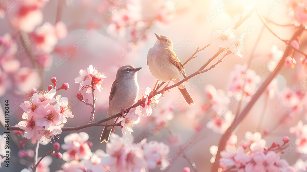 Beautiful spring bright natural background with soft pink sakura flowers and birds. Beautiful spring bright natural background with soft pink sakura flowers and birds.