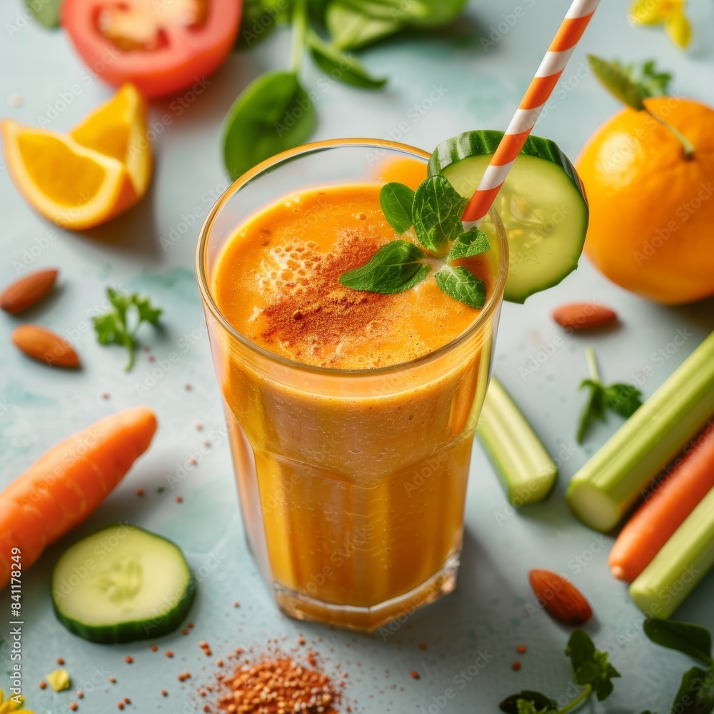 A refreshing smoothie with mint garnish surrounded by various fresh ingredients A refreshing smoothie with mint garnish surrounded by various fresh ingredients