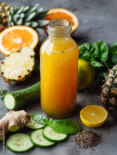 A bottle of orange smoothie with visible spices and surrounded by fresh produce