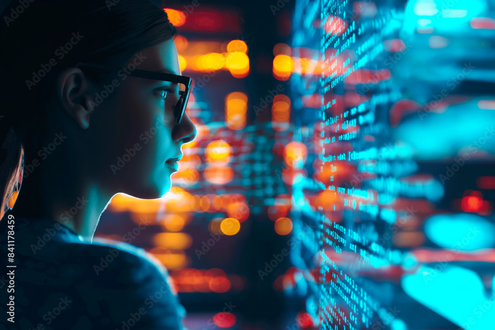 Software, coding hologram and woman on tablet thinking of data analytics, digital technology and night overlay. Programmer or IT person in glasses on 3d screen, programming and cybersecurity research Software, coding hologram and woman on tablet thinking of data analytics, digital technology and night overlay. Programmer or IT person in glasses on 3d screen, programming and cybersecurity research