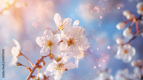 Beautiful spring natural background with cherry blossoms close-up against the blue sky
