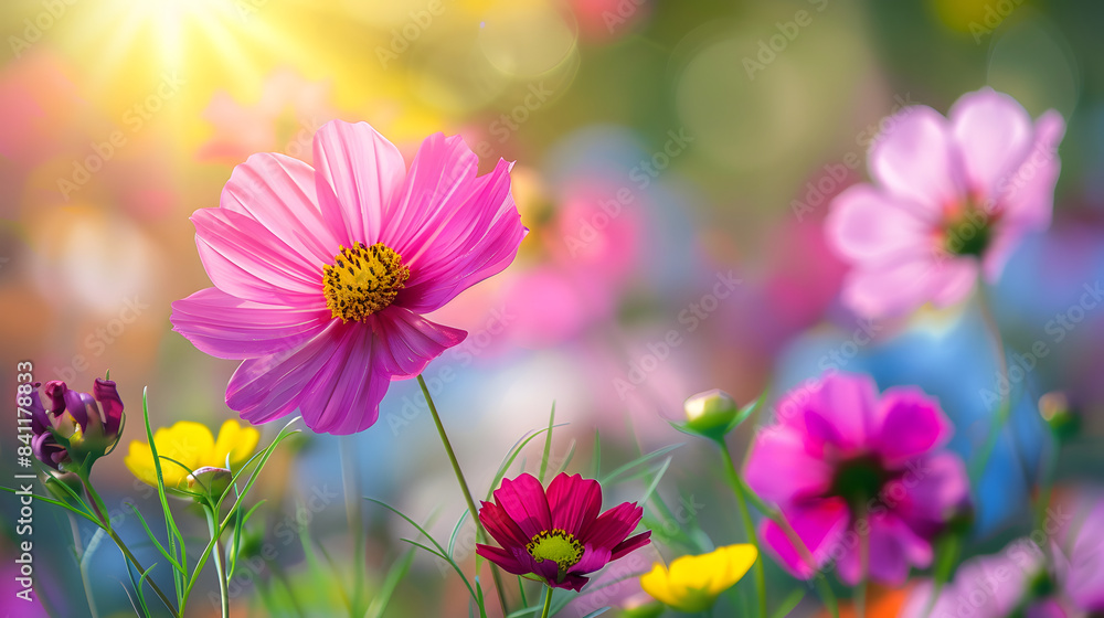 Beautiful spring summer bright natural background with colorful cosmos flowers close up Beautiful spring summer bright natural background with colorful cosmos flowers close up