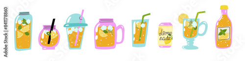 Lemonade in jar and jug, homemade lemon drink. Refreshing summer beverage set for bar or restaurant menu, yellow juice and straw, ice cube, mint leaf, rosemary twig.