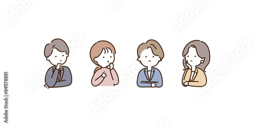 考えたり悩んだり困っている会社員の男女4人