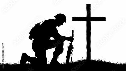 A silhouette of A soldier kneeling at A cross isolated on white background