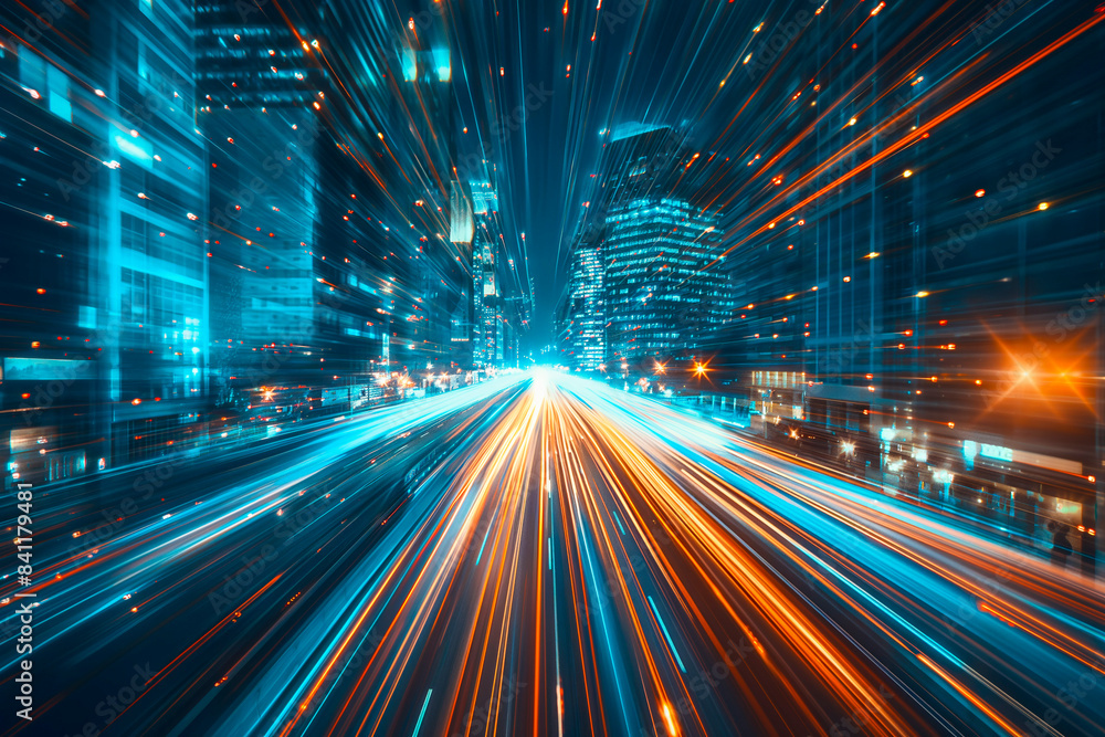 Speed light trails path through smart modern mega city and skyscrapers town with neon futuristic technology background, future virtual reality, motion effect, high speed light Speed light trails path through smart modern mega city and skyscrapers town with neon futuristic technology background, future virtual reality, motion effect, high speed light