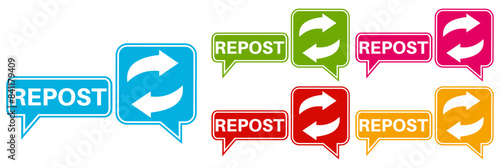 set repost icon labels. Repeat Retweet symbol Vector illustration