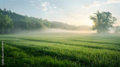Beautiful summer natural landscape with lawn with cut fresh grass in early morning with light fog. Panoramic spring background