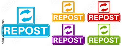 set repost icon labels. Repeat Retweet symbol Vector illustration