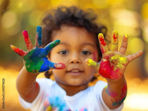 A child joyfully displays their hands covered in vibrant paint  with a blurred  warm background.