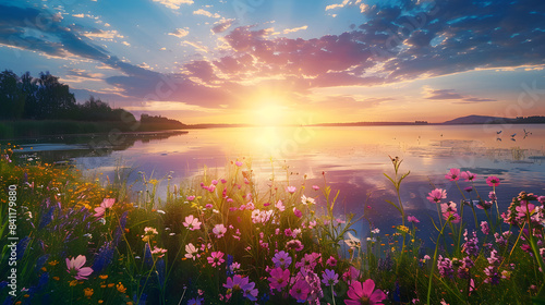 Fototapeta Naklejka Na Ścianę i Meble -  Beautiful summer spring natural landscape with lake and wildflowers at sunset