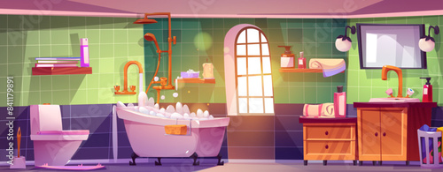 Bath room interior with bathtub and toilet bowl, cabinet and mirror, cleaning products and towels. Cartoon vector shower space with window and carpet on floor. Hygiene, health and body care concept.