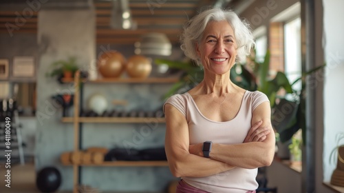 Confident Elderly Female Fitness Trainer Smiling in Modern Gym Setting, Promoting Health and Wellness, Senior Fitness Motivation for Active Lifestyle