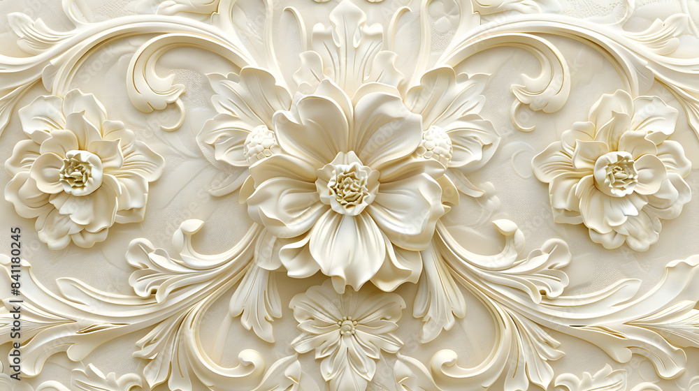 Beautiful texture of paper Wallpaper embossed in form of a classic floral ornament in light golden beige and white tones Beautiful texture of paper Wallpaper embossed in form of a classic floral ornament in light golden beige and white tones