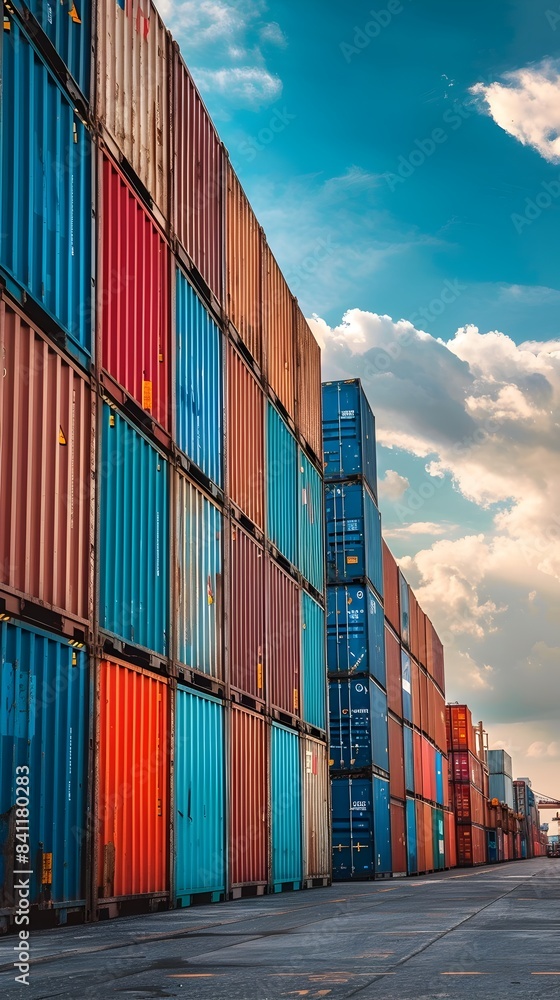 Fototapeta premium Colorful Cargo Containers at Bustling Shipping Port with Cranes and Cityscape in Background