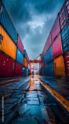 Colorful Shipping Containers at the Bustling Seaport Under Dramatic Cloudy Sky photo