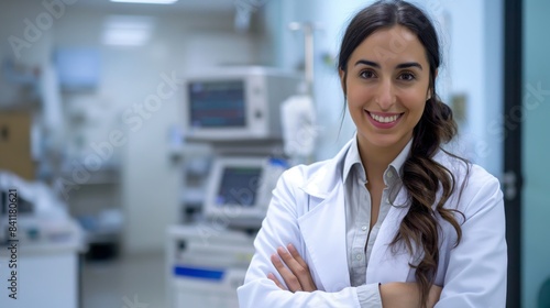 Confident Southern European Female Doctor Smiling, Medical Professional in Hospital Setting, Medical Equipment in Background