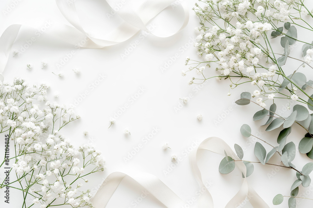 Styled stock photo. Feminine wedding desktop mockup with baby's breath Gypsophila flowers, dry green eucalyptus leaves, satin ribbon and white background. Empty space. Top view. Picture for blog. Styled stock photo. Feminine wedding desktop mockup with baby's breath Gypsophila flowers, dry green eucalyptus leaves, satin ribbon and white background. Empty space. Top view. Picture for blog.