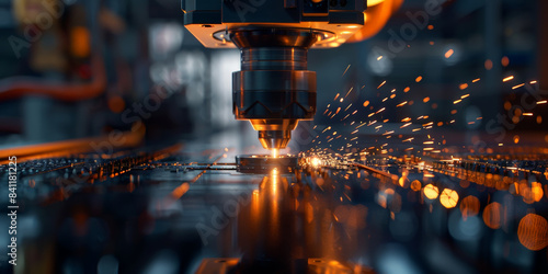 Industrial CNC machine in operation with sparks flying, capturing the precision and advanced technology of modern metalworking in a dynamic manufacturing environment..