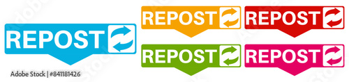 set repost icon labels. Repeat Retweet symbol Vector illustration