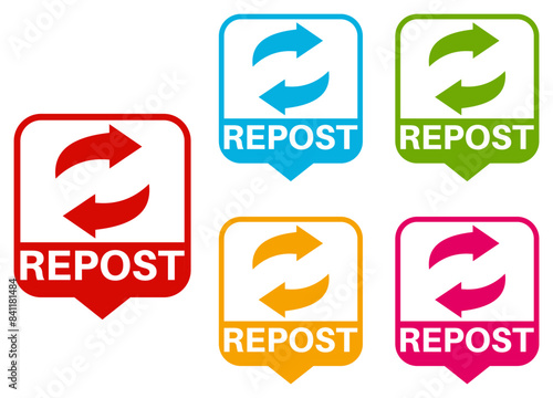 Set collections repost trendy colorful icon sign. Social media labels design template Vector illustration