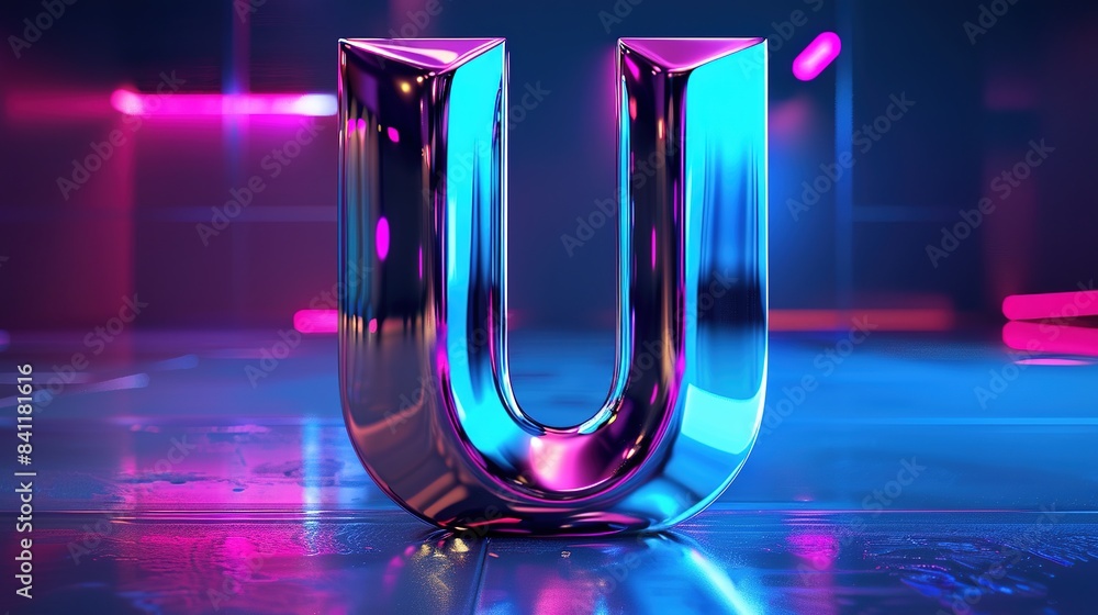 U in Futuristic Style: Three-Dimensional Silver Metal with Technological Blue Glow U in Futuristic Style: Three-Dimensional Silver Metal with Technological Blue Glow