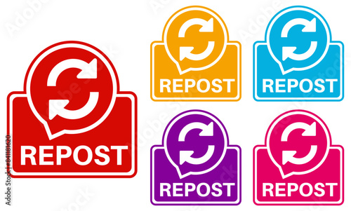 Set collections repost trendy colorful icon sign. Social media labels design template Vector illustration