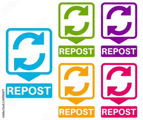 Set collections repost trendy colorful icon sign. Social media labels design template Vector illustration