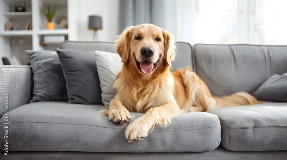 happy golden retriever dog is lying on a cozy sofa in a modern living room happy golden retriever dog is lying on a cozy sofa in a modern living room