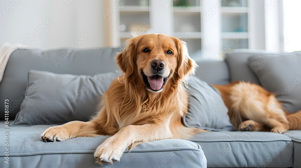 happy golden retriever dog is lying on a cozy sofa in a modern living room happy golden retriever dog is lying on a cozy sofa in a modern living room