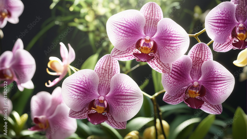 Fototapeta premium Botanical Symphony: Blooming Orchids, Dappled Sunlight, Fresh Fragrance, Generative AI