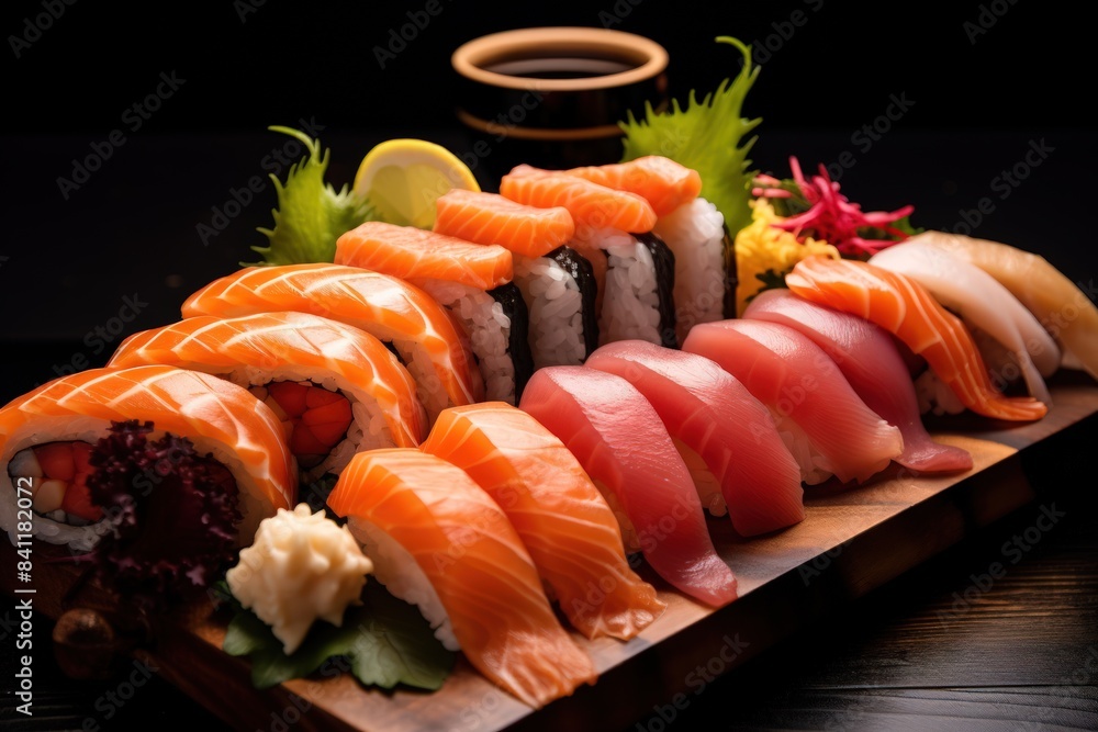 Rainbow Sushi Roll with salmon ,Sushi roll japanese food Rainbow Sushi Roll with salmon ,Sushi roll japanese food