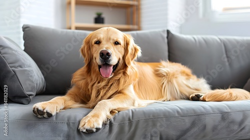 happy golden retriever dog is lying on a cozy sofa in a modern living room