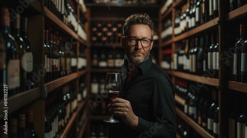 The picture of the professional sommelier in the wine storage room, The professional sommelier need the experience in wine to perfect the skill in recommending appropriate wine for customer. AIG43.