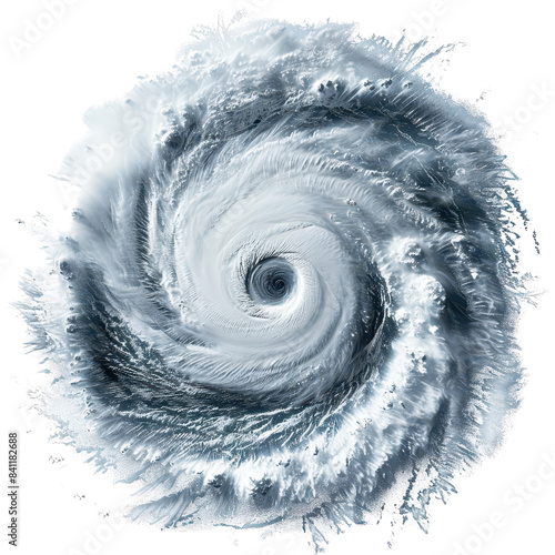  powerful hurricane cyclone storm with swirling clouds and a distinct eye in the center, isolated on a transparent background.