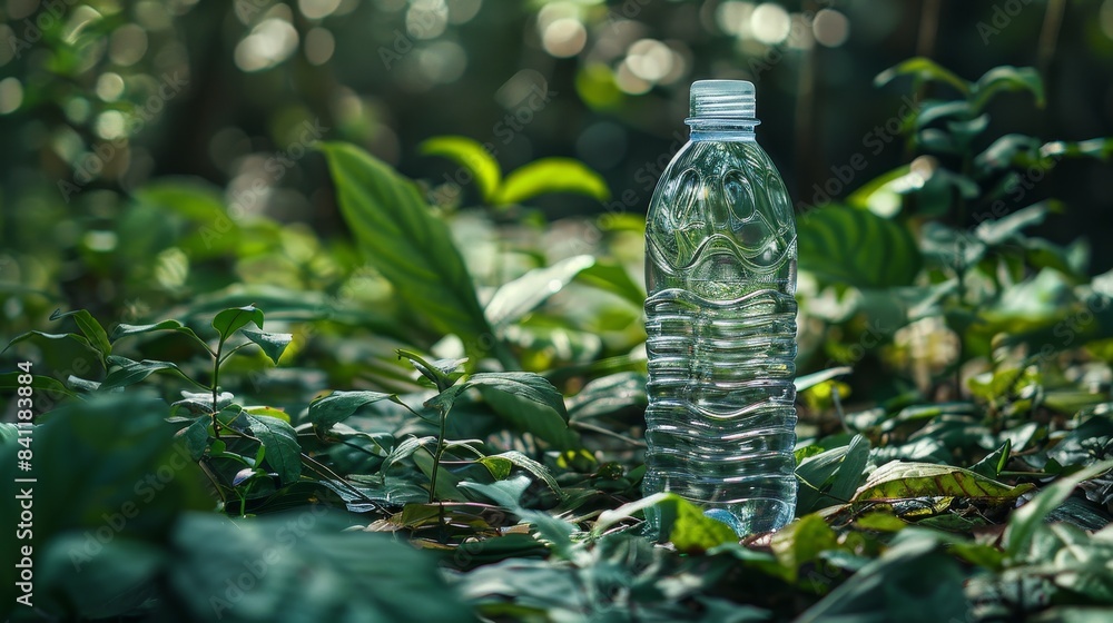 Plastic water bottle in a lush forest, among green plants, low angle shot, Plastic water bottle in a lush forest, among green plants, low angle shot,