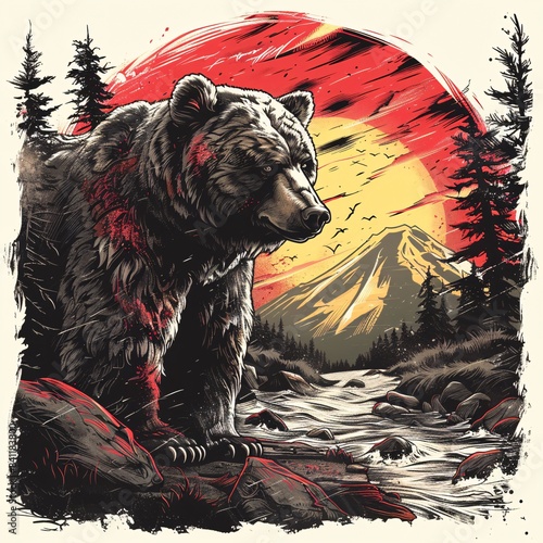 A bear is standing in front of a mountain and a river