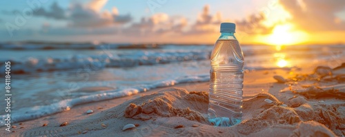 Plastic water bottle halfburied in sand, beach sunset photo