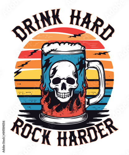 Retro Skull Beer Mug Graphic with Rock Harder Message for Party and Drink Culture