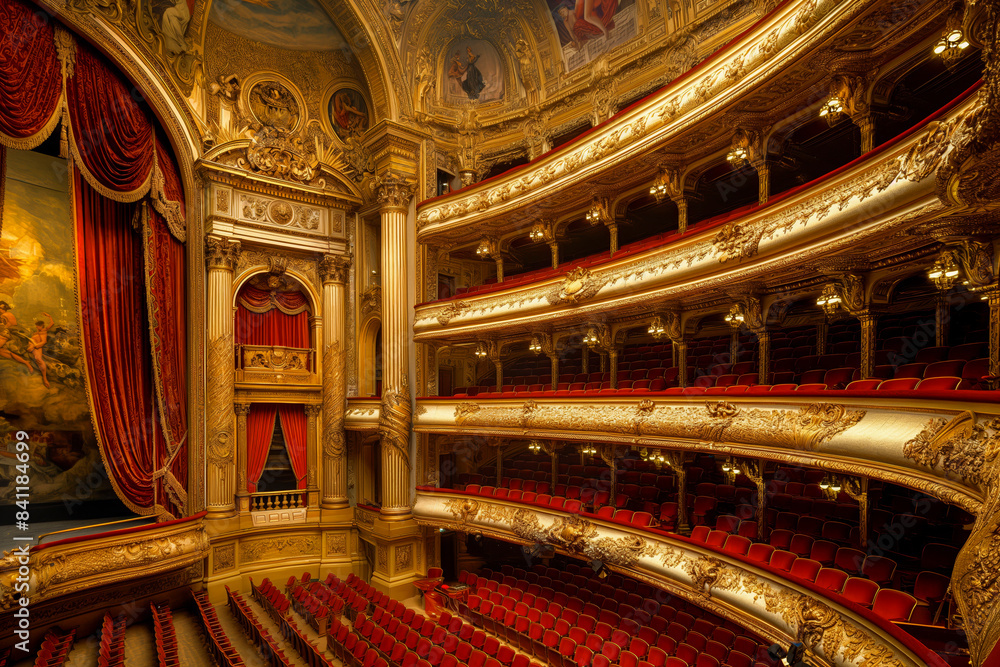 Obraz premium Ornate theater interior with red velvet seats and balconies
